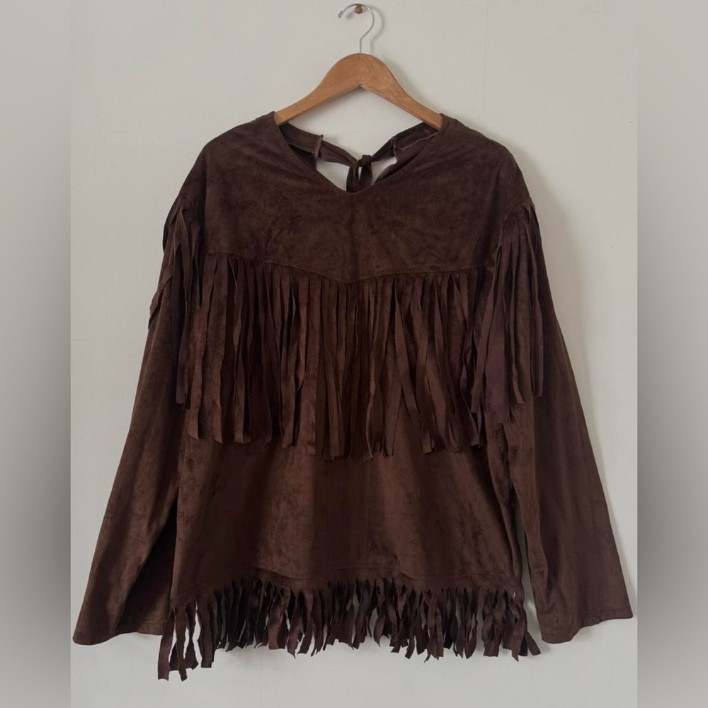 SOLD ~ Brown Faux Suede Fringe Western Top - Size L/XL